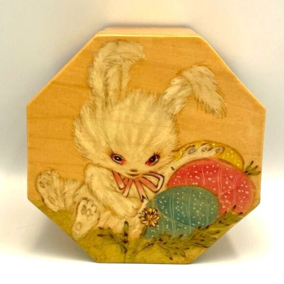 Vintage Octagonal Wooden Trinket Storage Box Bunny Rabbit Easter Eggs - Picture 1 of 6